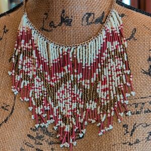Beaded Fringe Necklace - Red, White, Gold